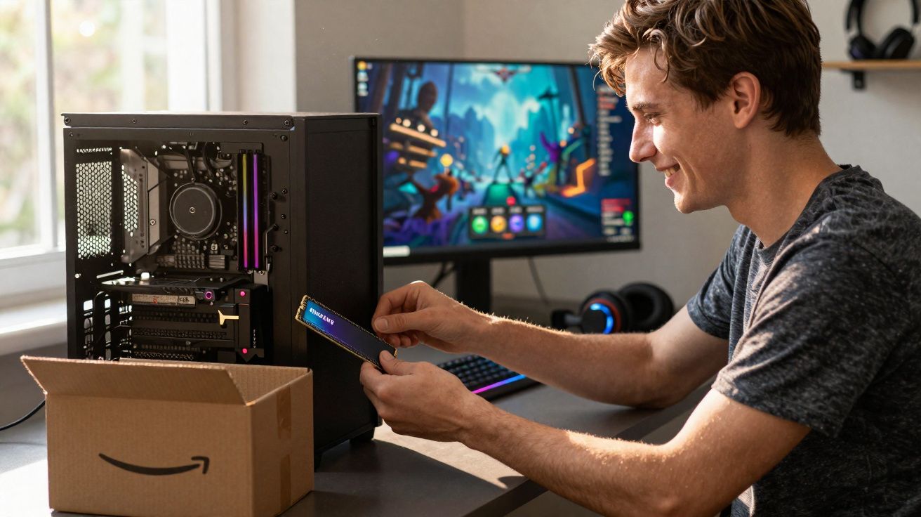 Homem instalando memória RAM em computador aberto com caixa da Amazon na mesa e jogo na tela.