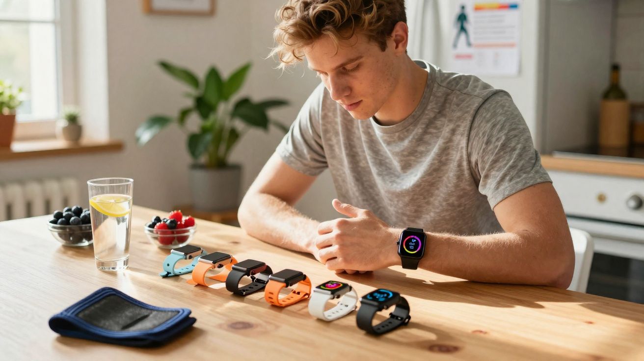 Homem sentado à mesa analisando seis relógios inteligentes com tela colorida em uma cozinha iluminada.