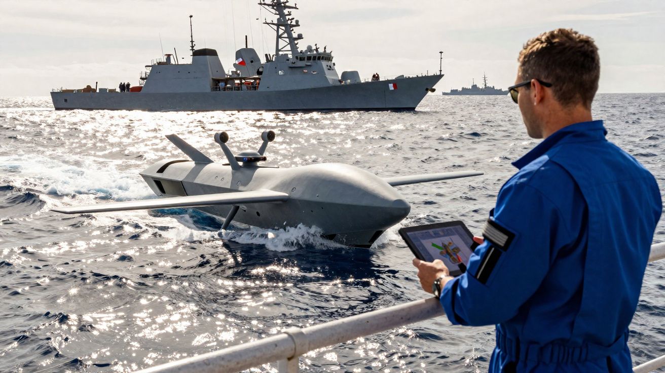 Homem com macacão azul controla drone aquático próximo de navios militares em mar calmo.