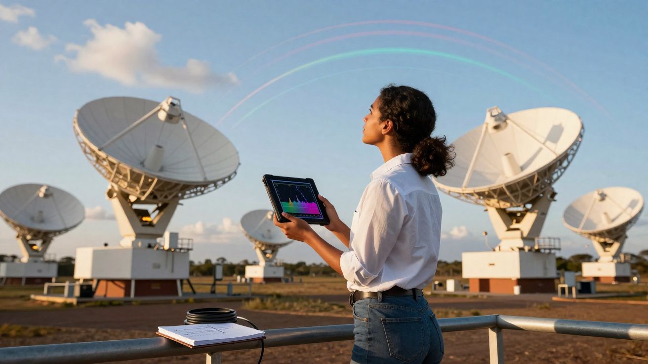Mulher com tablet observa antenas parabólicas em campo aberto durante o dia com céu azul e poucas nuvens.