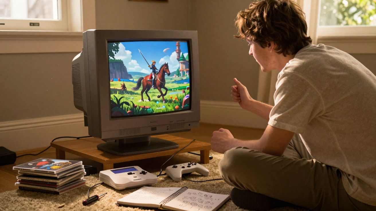 Jovem sentado no chão jogando videogame retrô em TV antiga com controle clássico na sala.