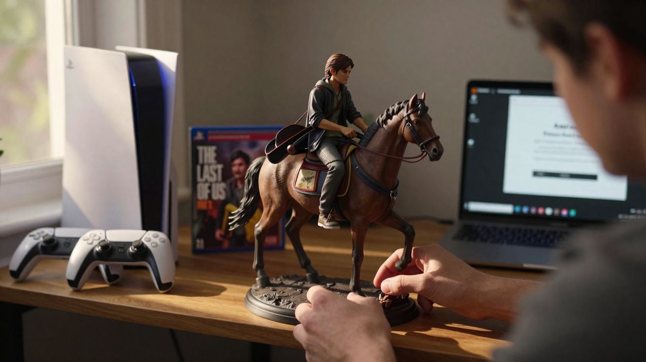 Pessoa ajustando estátua de personagem montado em cavalo em mesa com console PlayStation 5 e notebook.