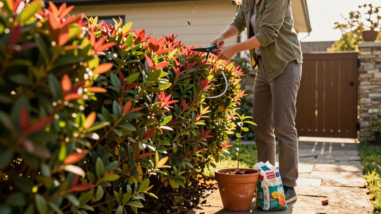 Pessoa podando arbusto com tesoura de jardinagem ao lado de vaso e saco de adubo em varanda.
