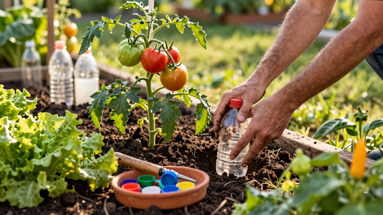 Pessoa regando planta de tomate numa horta com garrafa plástica reutilizada e tampas coloridas ao lado.
