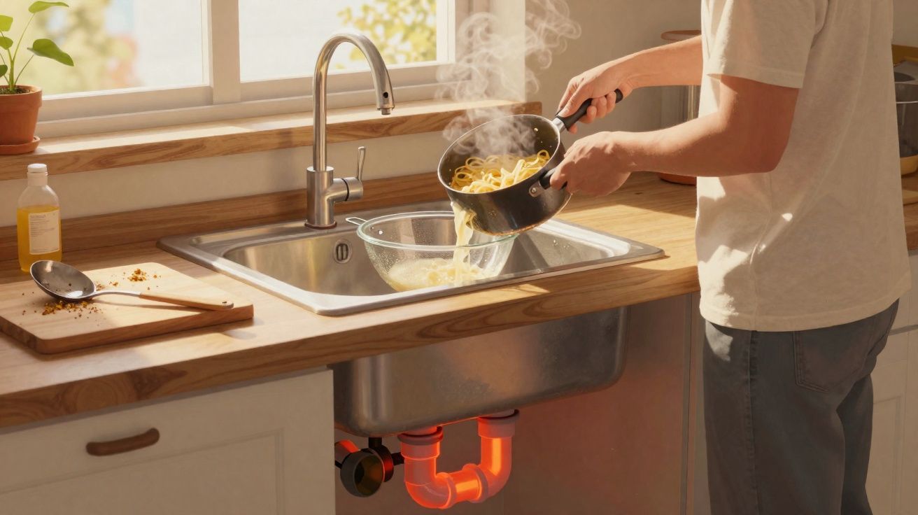 Pessoa escorrendo macarrão quente em uma peneira transparente na pia da cozinha.