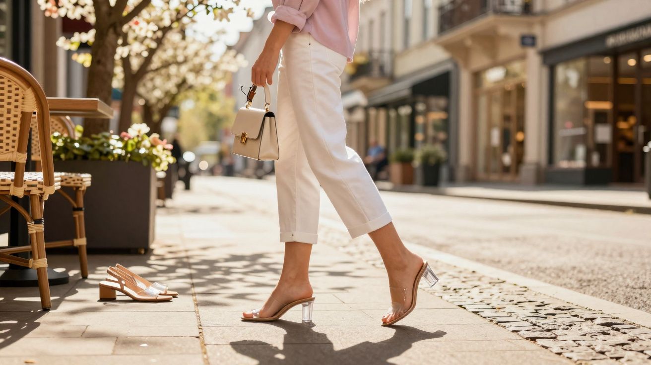 Mulher caminhando na calçada com calça branca e sandálias de salto transparente, segurando bolsa bege.