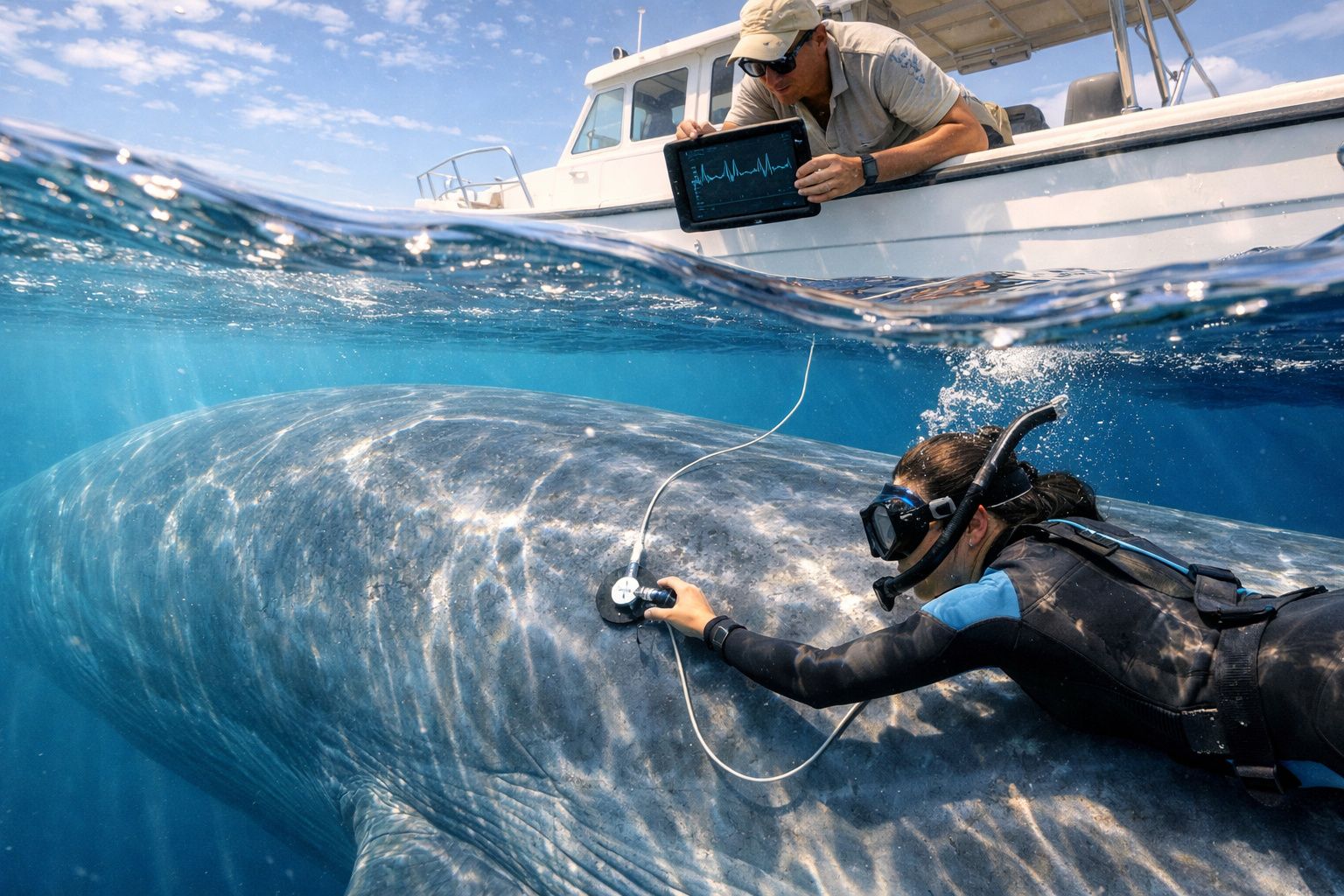 Pescadora realizando exame em baleia cinzenta enquanto pessoa no barco monitora sinais vitais em tablet.