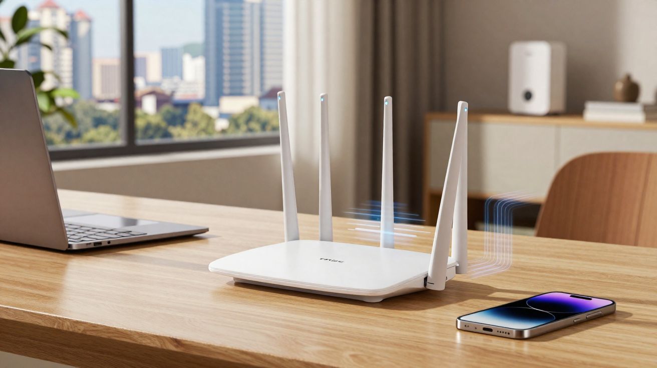 Roteador Wi-Fi branco com quatro antenas, laptop e smartphone sobre mesa de madeira.