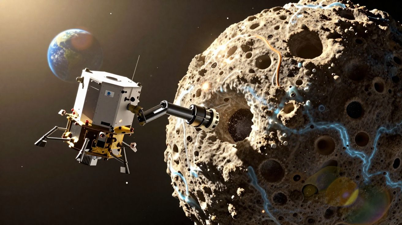 Sonda espacial perto de um asteroide rochoso com crateras e veias azuis, com a Terra ao fundo.