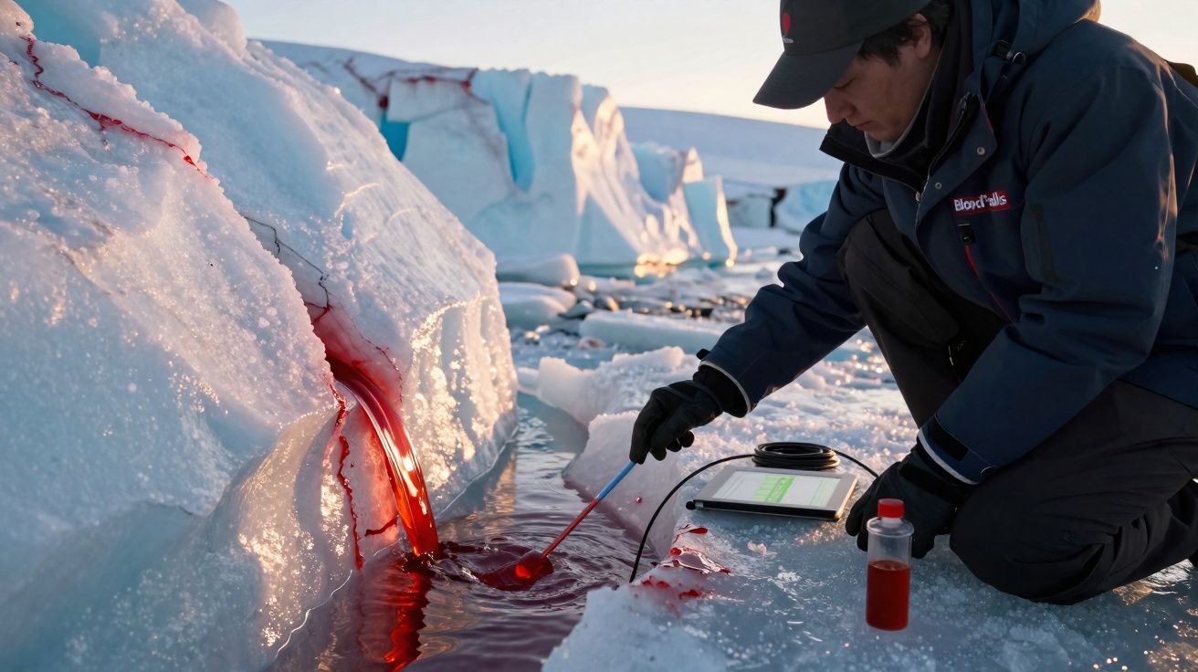 Pesquisador coleta amostra de líquido vermelho que escorre de geleira no Ártico, com equipamentos científicos.