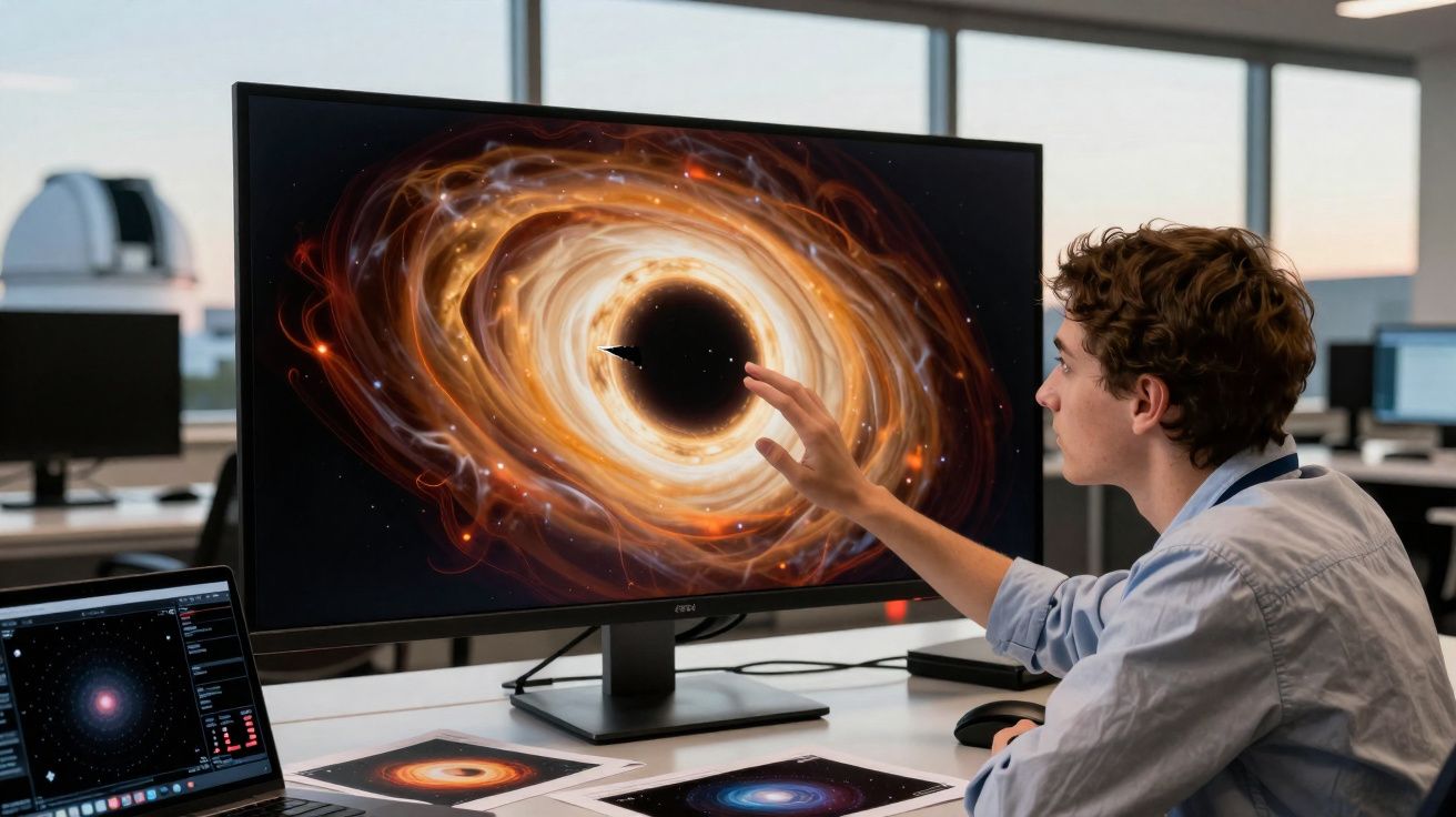 Homem jovem interage com imagem de buraco negro em tela de computador no escritório moderno.