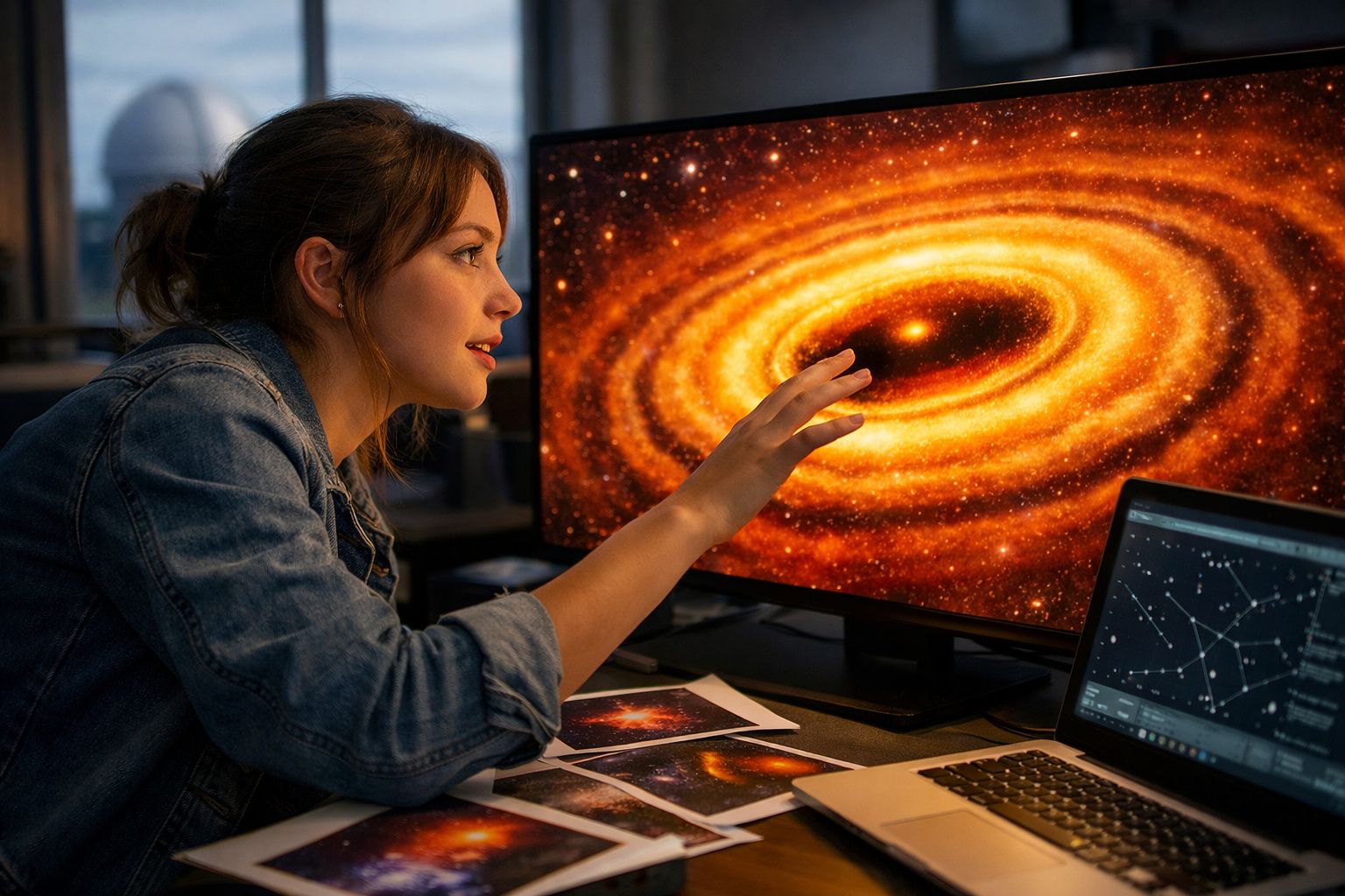 Mulher estudando uma galáxia laranja em tela de computador em ambiente de trabalho acadêmico.