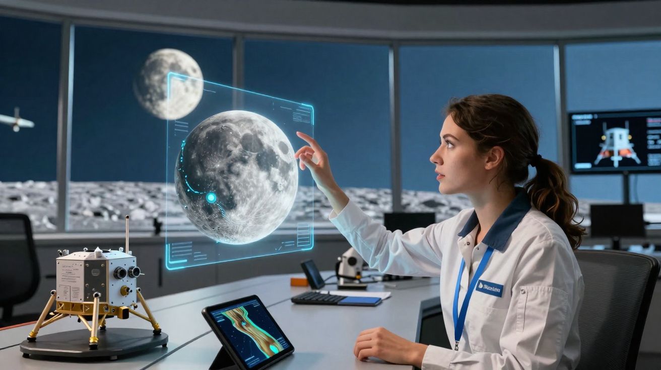 Cientista mulher em laboratório interage com projeção digital da lua, ao fundo superfície lunar visível pela janela.
