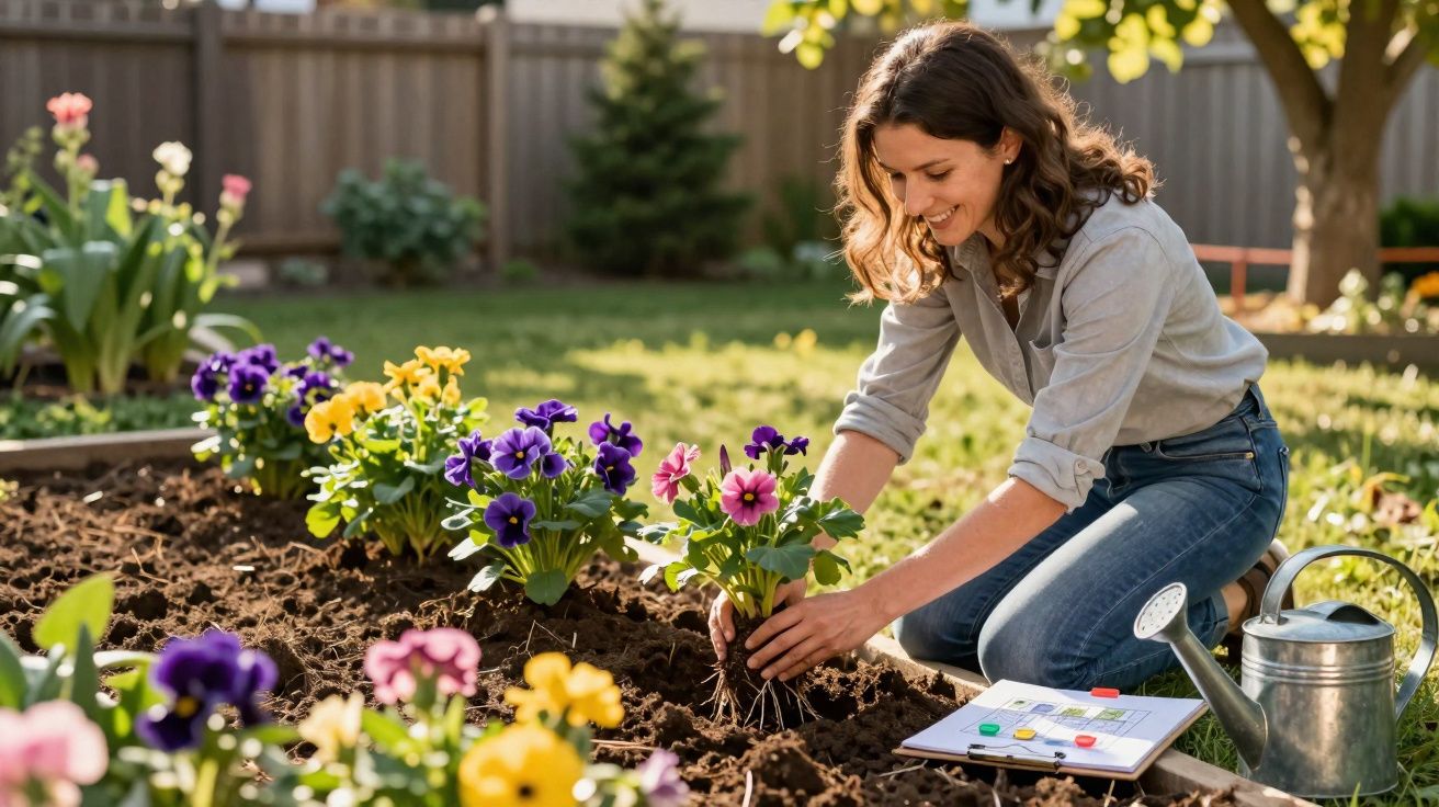Mulher sorridente plantando flores coloridas em um jardim ensolarado com regador ao lado.