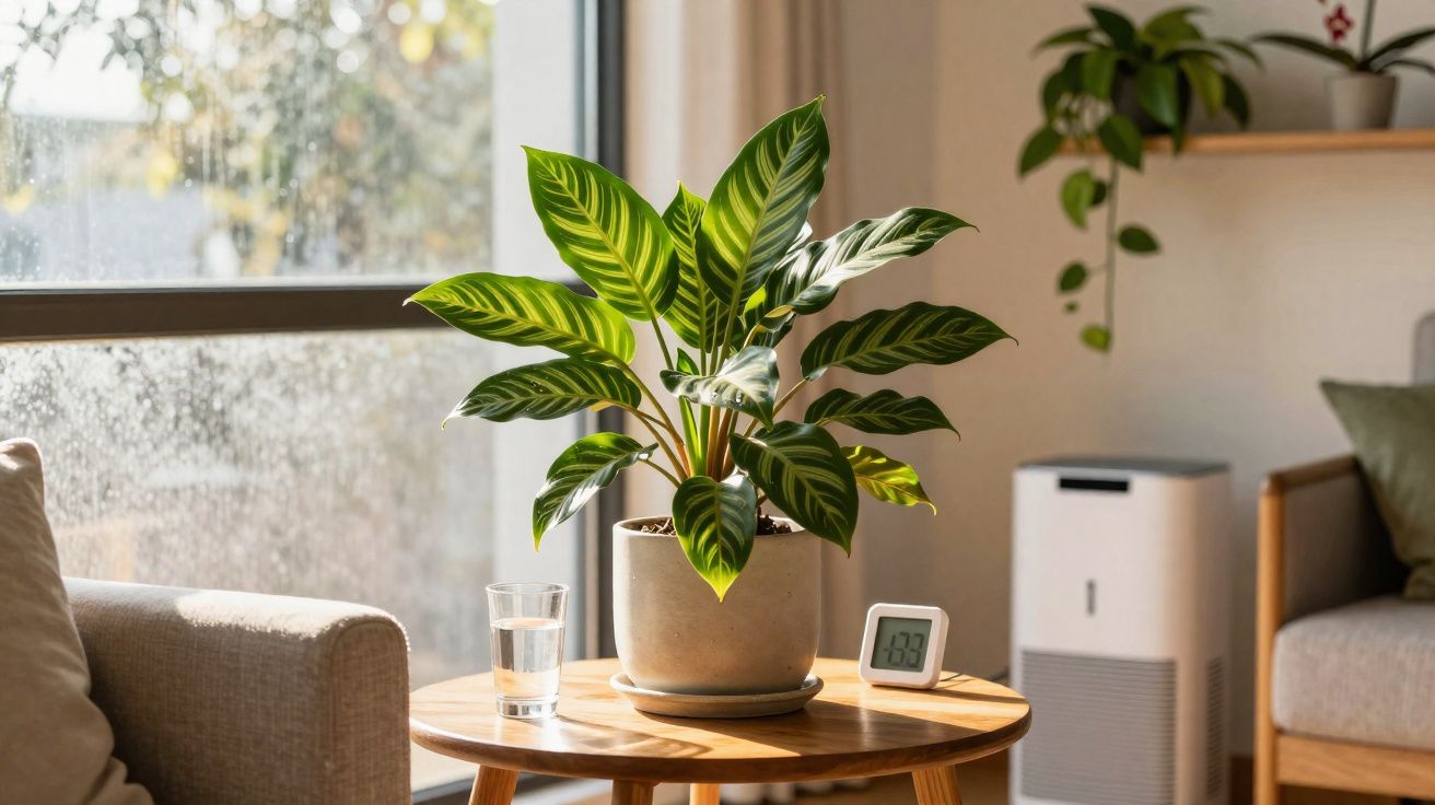 Planta em vaso sobre mesa de madeira com copo de água e termômetro, ao lado de sofá em sala iluminada.