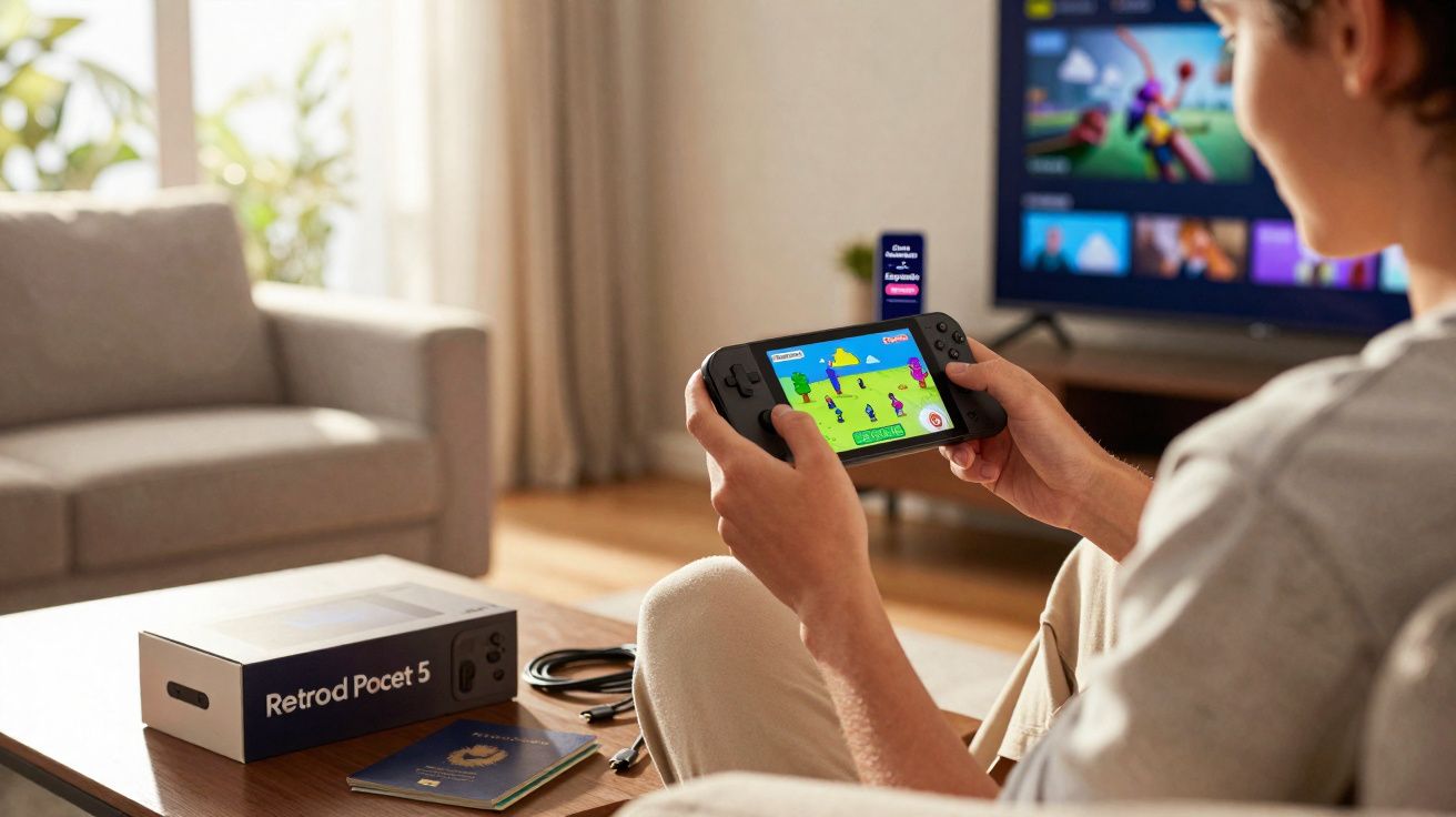 Pessoa jogando videogame portátil Retrod Pocket 5 em uma sala de estar aconchegante.