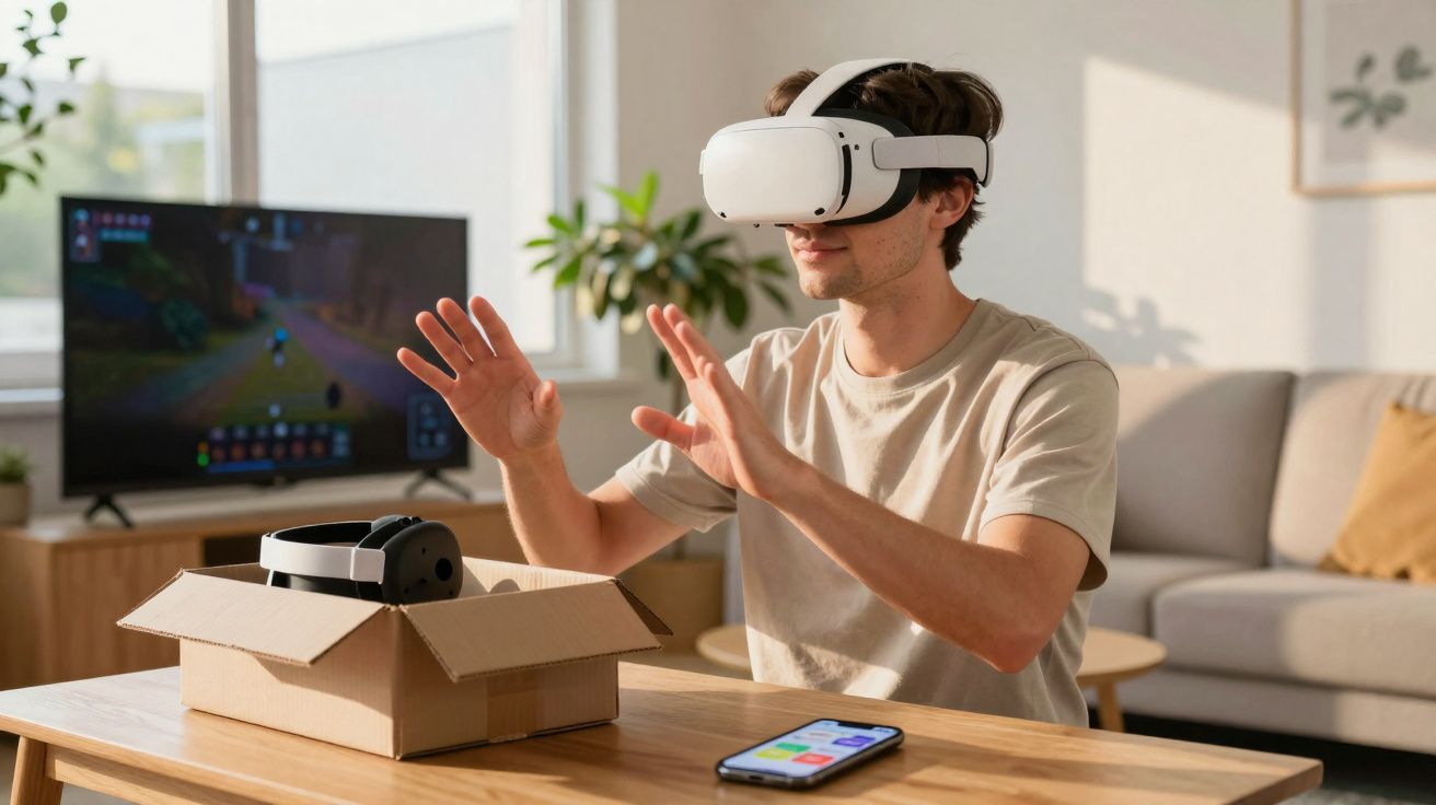 Jovem usando óculos de realidade virtual enquanto interage em sala de estar moderna com TV e celular à mesa.