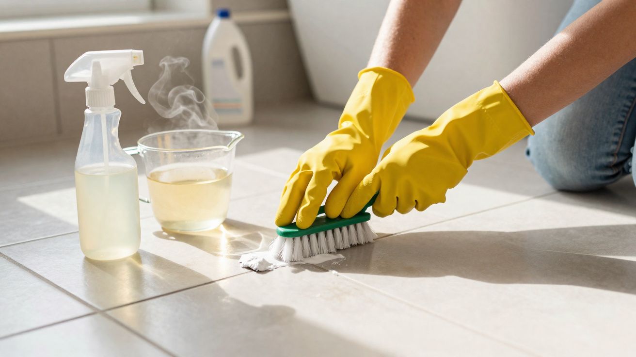 Pessoa com luvas amarelas limpando piso de azulejo com escova e produtos de limpeza.