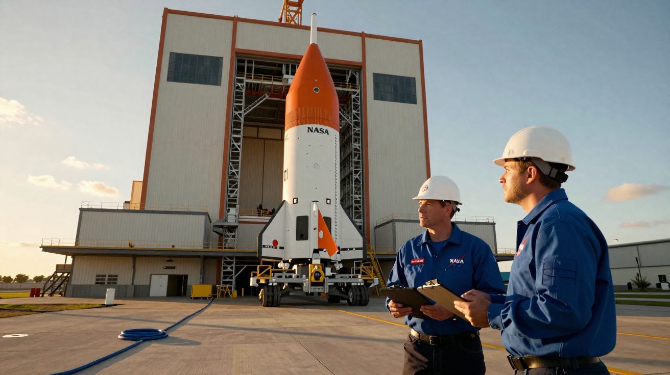 Dois técnicos da NASA observam foguete branco e laranja em transporte próximo a grande hangar.