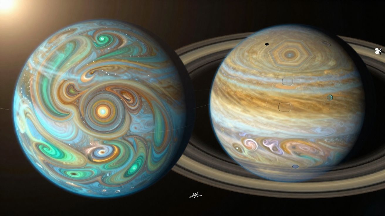 Dois planetas estilizados com cores vibrantes e detalhes em espiral, um com anéis visíveis ao fundo.
