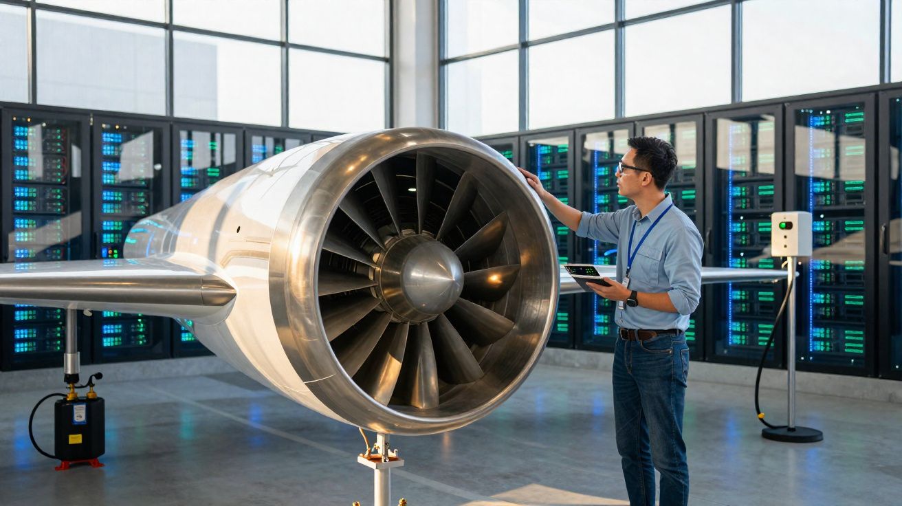 Homem inspecionando motor de avião em ambiente tecnológico com servidores ao fundo.