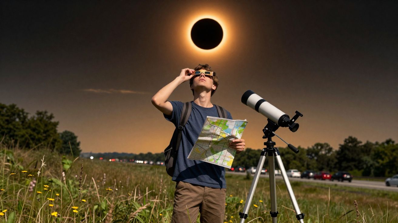 Homem usando óculos especiais observa eclipse solar com mapa e telescópio em área ao ar livre.