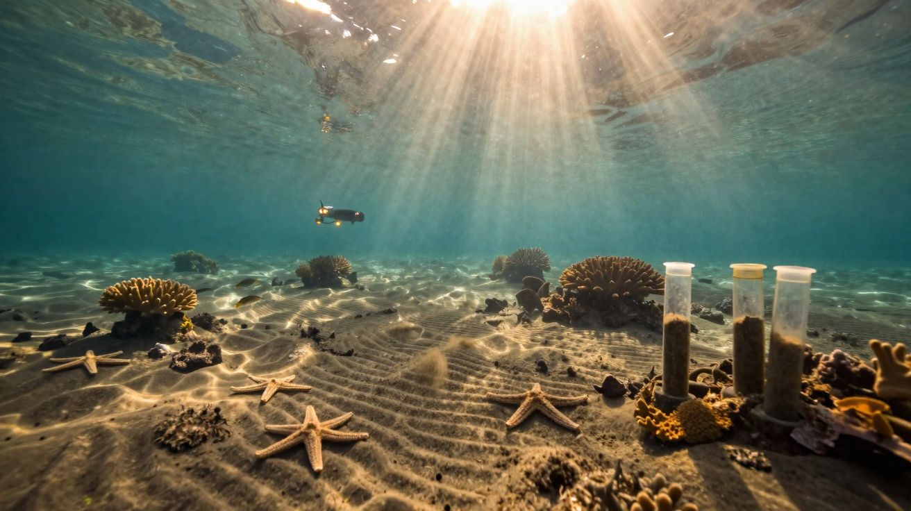Fundo do mar com luz solar, estrelas-do-mar, corais e amostras em tubos transparentes no sedimento.