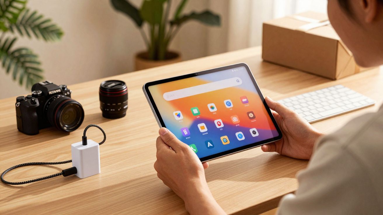 Pessoa usando tablet com telas de aplicativos coloridos em mesa de madeira com câmera e teclado.