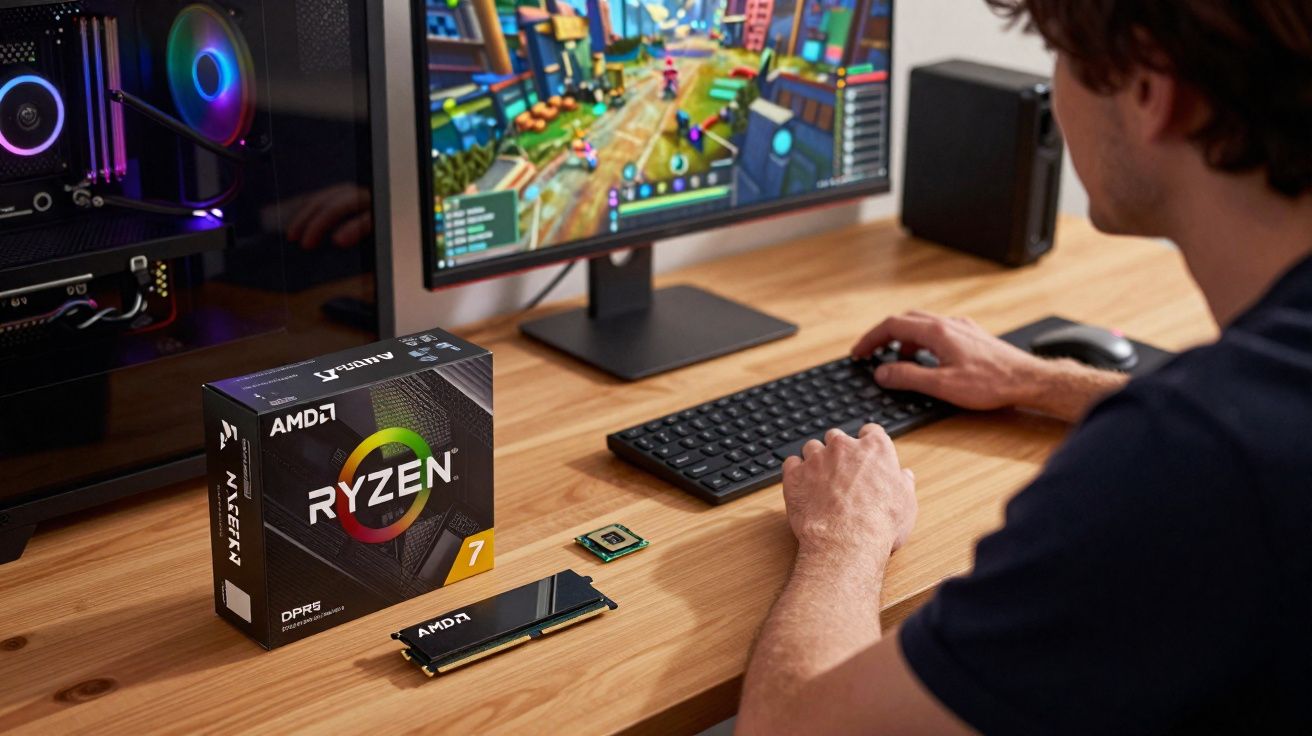 Pessoa jogando videogame em computador com caixa de processador AMD Ryzen, memória RAM e processador sobre mesa de madeira.