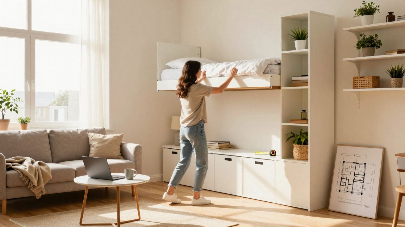 Mulher arrumando cama suspensa em sala iluminada com sofá, mesa, laptop e plantas.