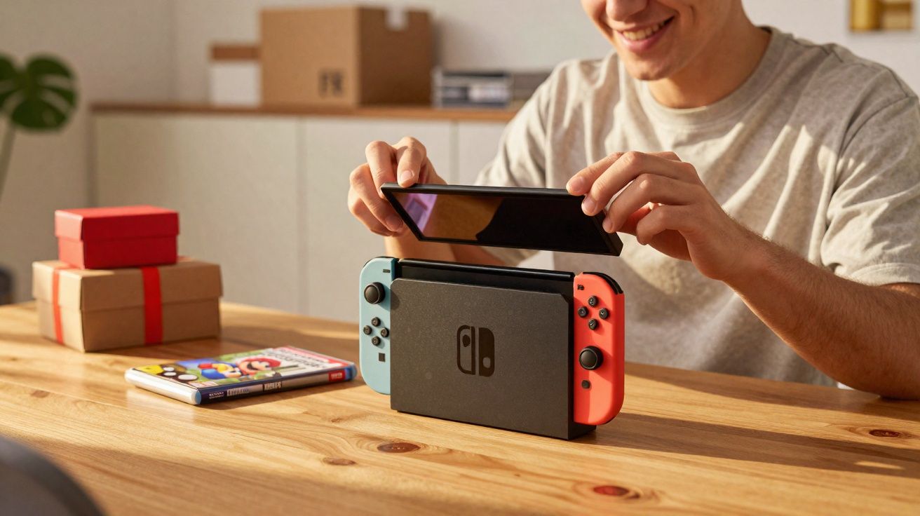 Pessoa sorrindo manuseando um console Nintendo Switch em mesa de madeira com jogo e caixas ao fundo.