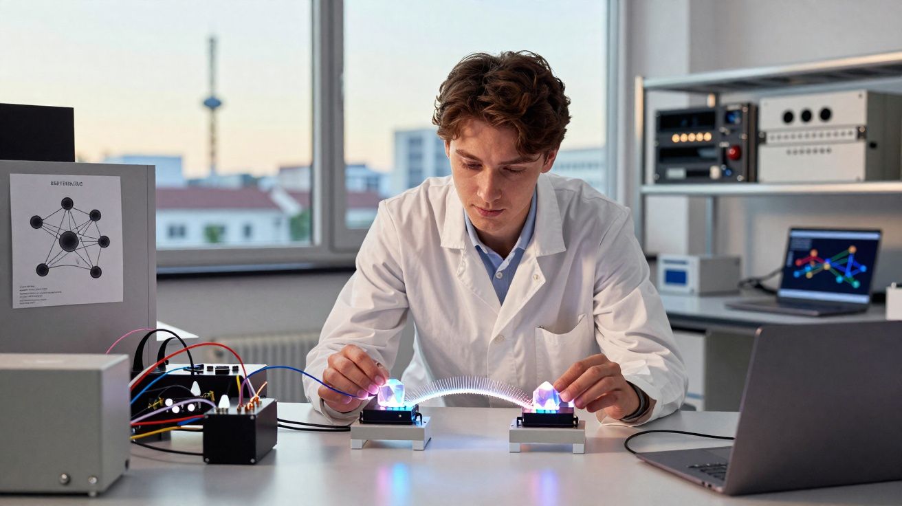 Pesquisador em jaleco branco realizando experimento com dispositivos eletrônicos emissores de luz azul.