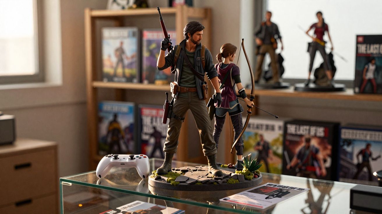Estátuas dos personagens Joel e Ellie do jogo The Last of Us exibidas em mesa de vidro com controle de videogame.