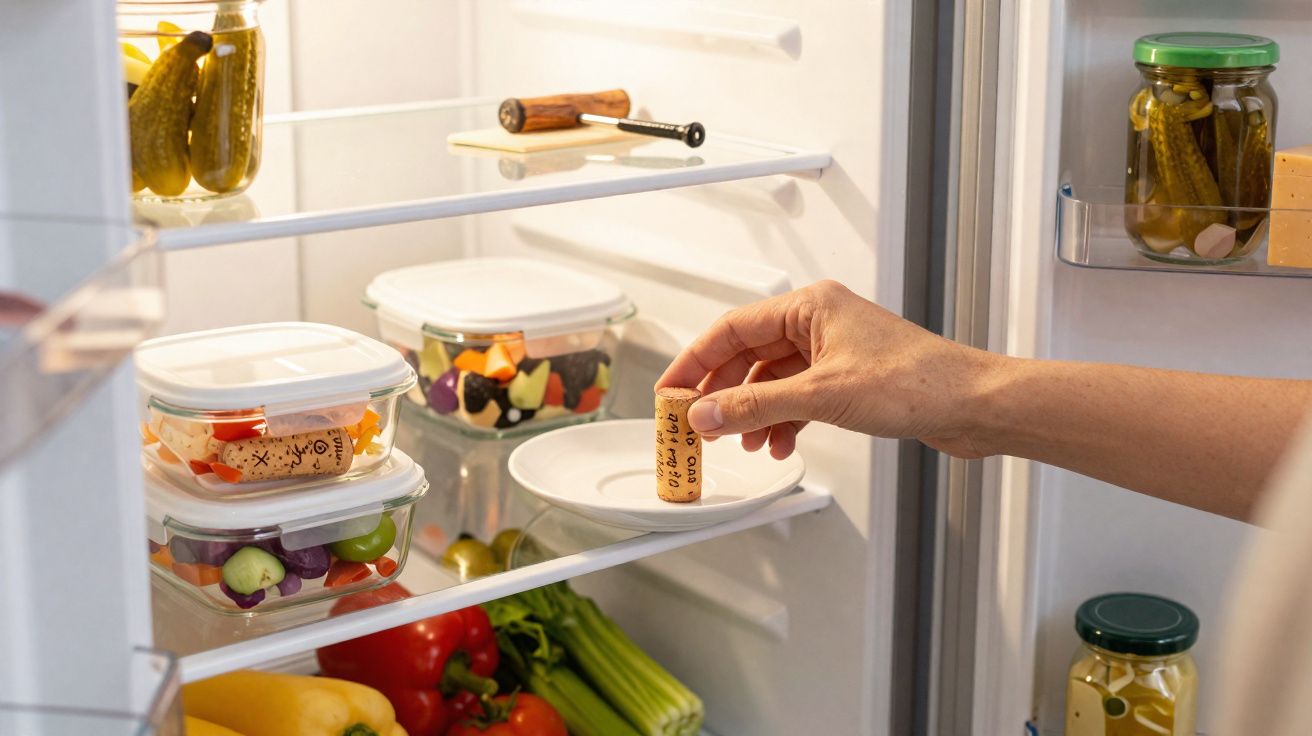 Mão colocando rolha de vinho dentro de geladeira com potes de legumes e vegetais.