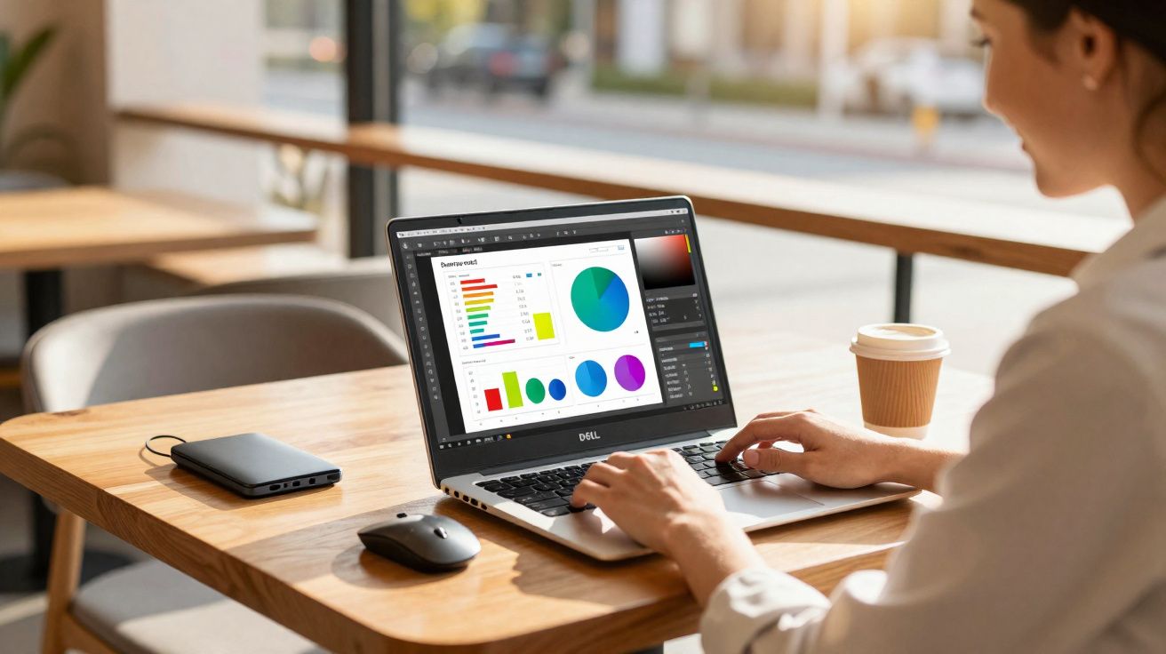 Pessoa usando laptop com gráficos coloridos em uma mesa de madeira em ambiente iluminado por janela.