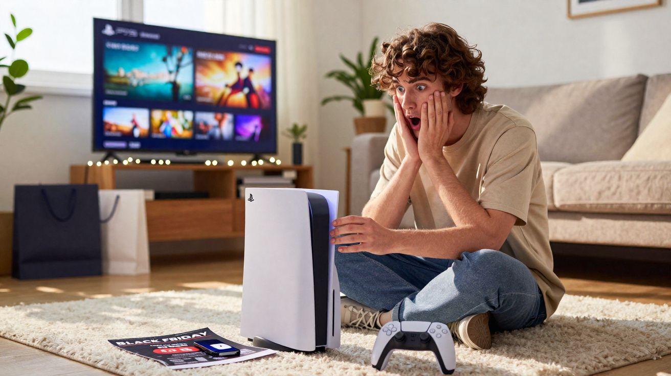 Jovem sentado no chão, surpreso, olhando para um videogame PlayStation 5 com controle e TV ao fundo.