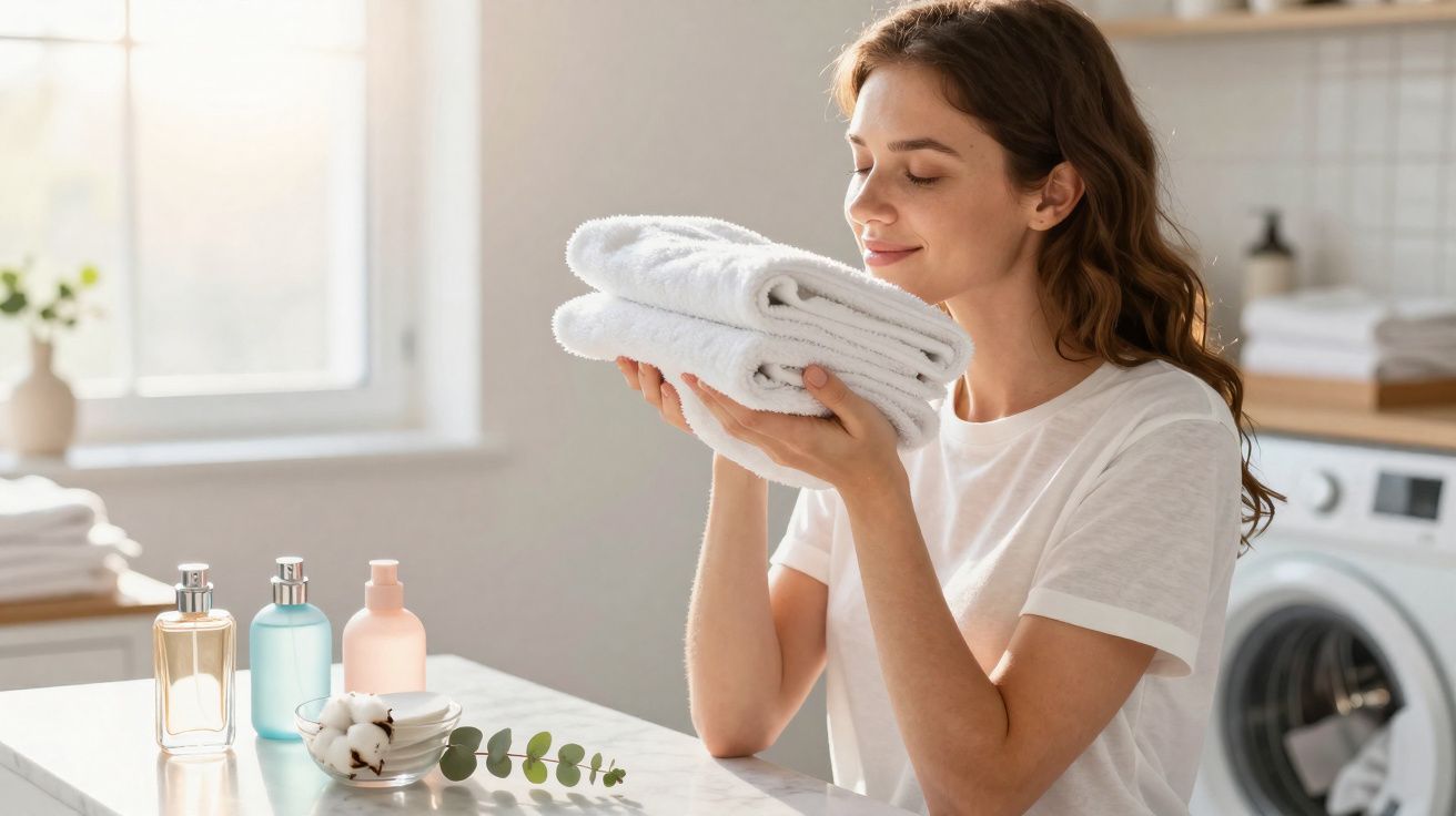 Mulher segurando roupas brancas limpas e cheirando-as com expressão satisfeita em lavanderia iluminada.
