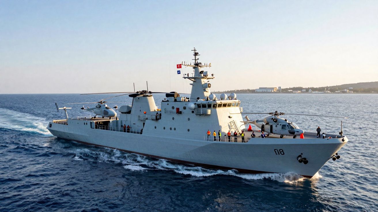 Navio de guerra cinza com helicópteros e tripulantes navegando no mar com costa ao fundo.