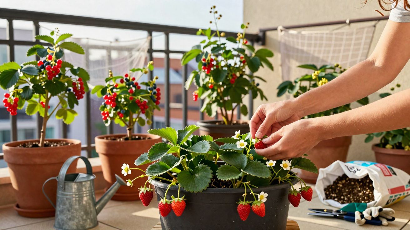 Pessoa colhendo morangos em vaso na varanda com plantas em vasos e regador ao lado.