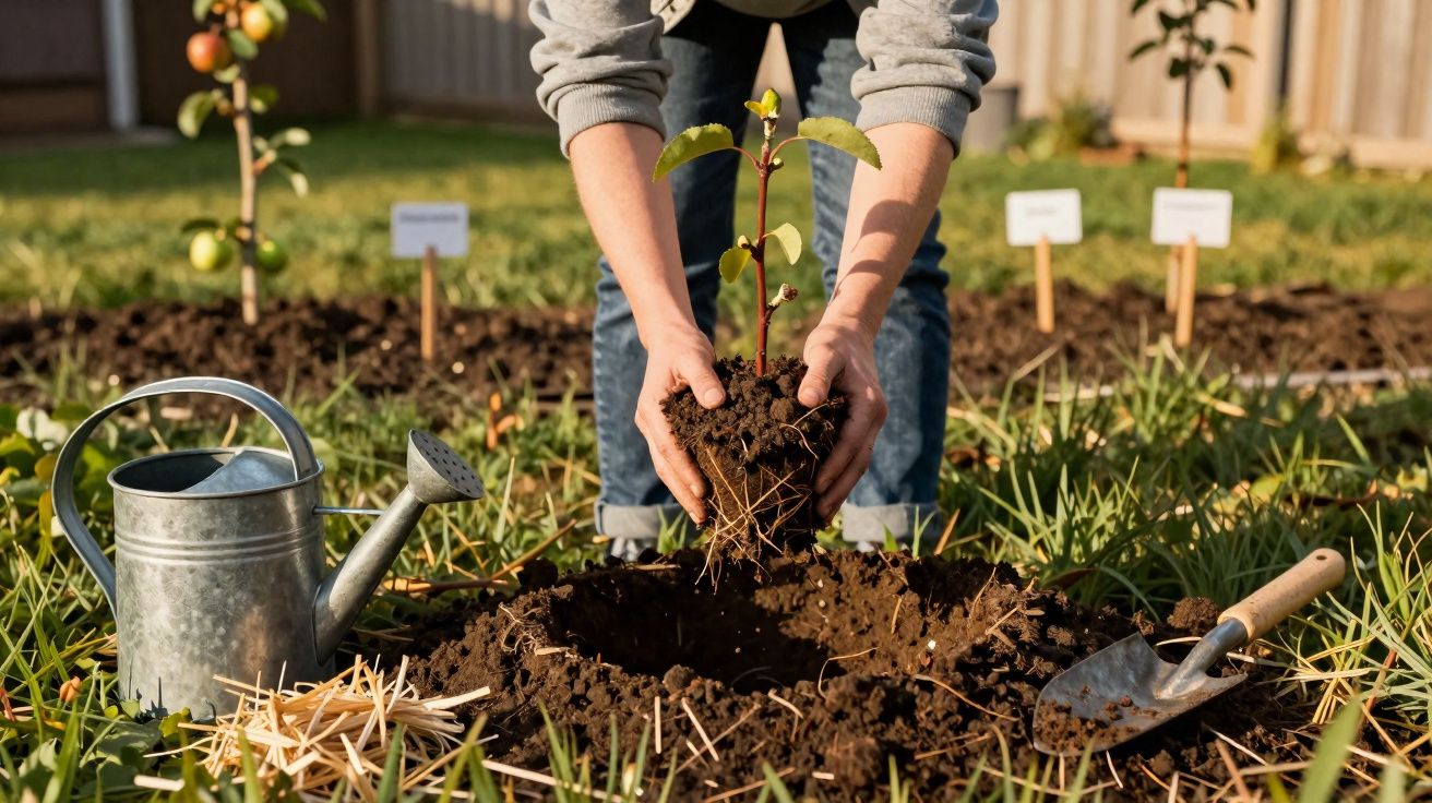 Pessoa plantando muda em jardim com regador e pá ao lado em dia ensolarado.
