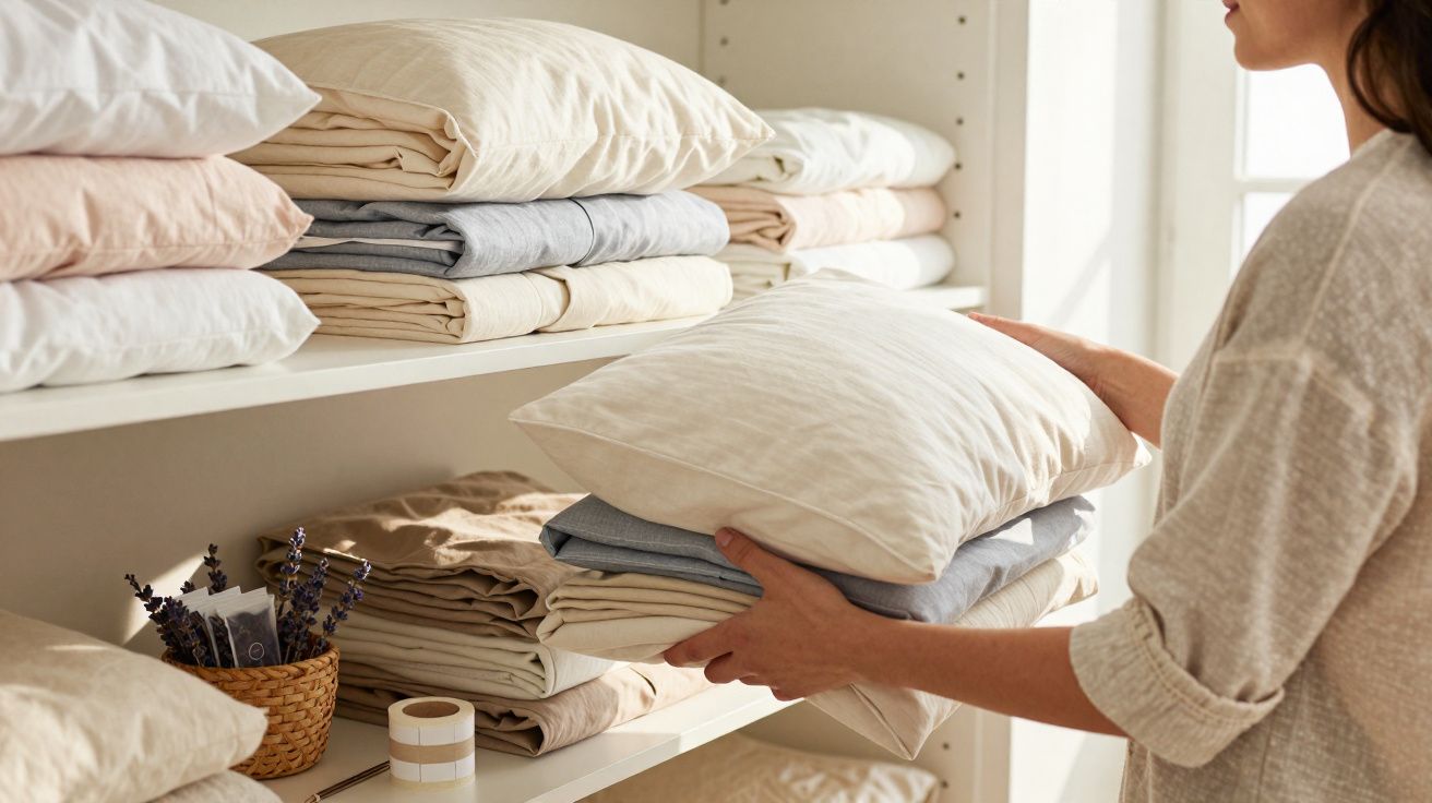 Pessoa organizando almofadas e roupas dobradas em prateleiras brancas com luz natural entrando pela janela.