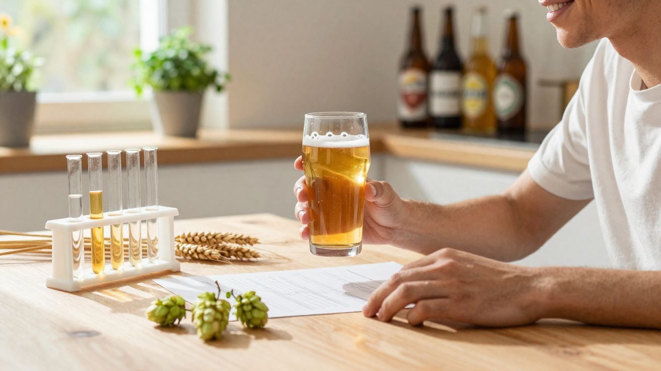 Pessoa segurando copo de cerveja em mesa com tubos de ensaio, lúpulo e espigas de cevada.