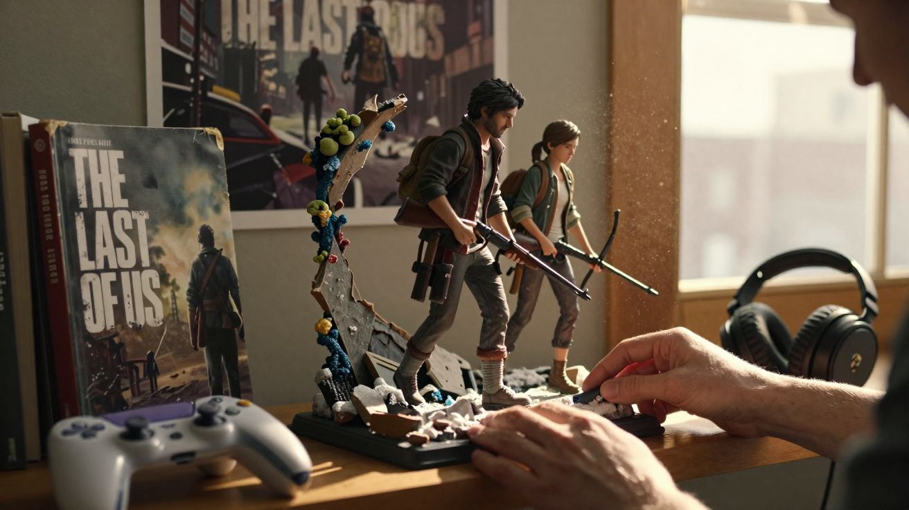 Estatuetas de personagens de The Last of Us com mãos ajustando na base, controle e fones ao lado em mesa.