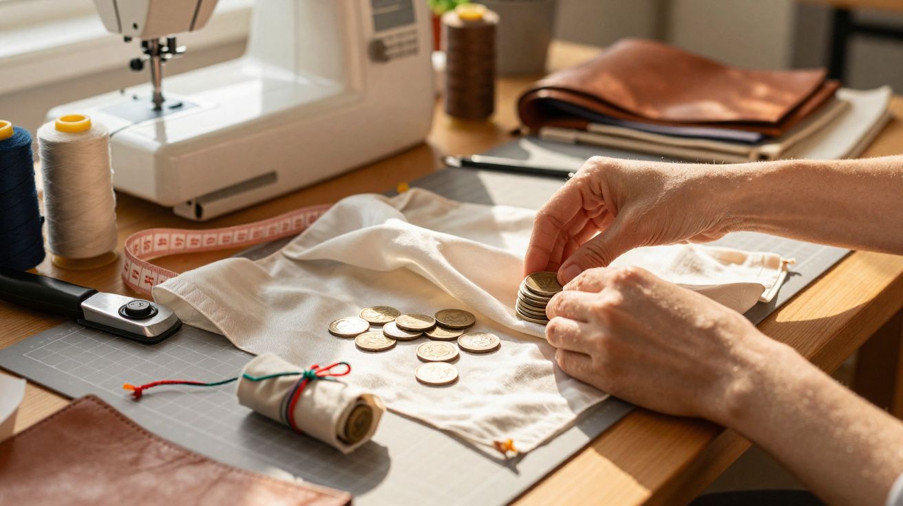 Mãos organizando moedas sobre tecido em mesa com máquina de costura, rolos de linha e fita métrica.