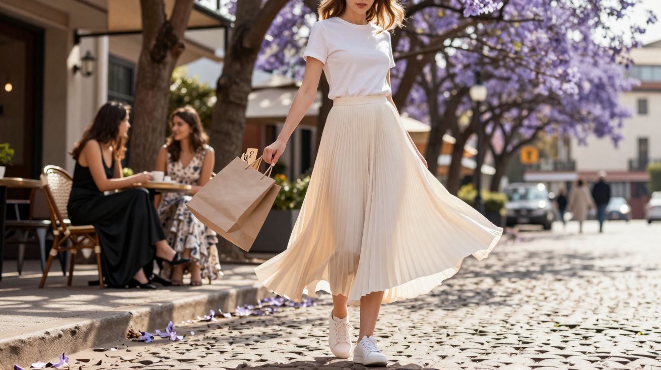 Mulher caminhando com sacola de compras em rua com árvores floridas e duas pessoas sentadas ao fundo.