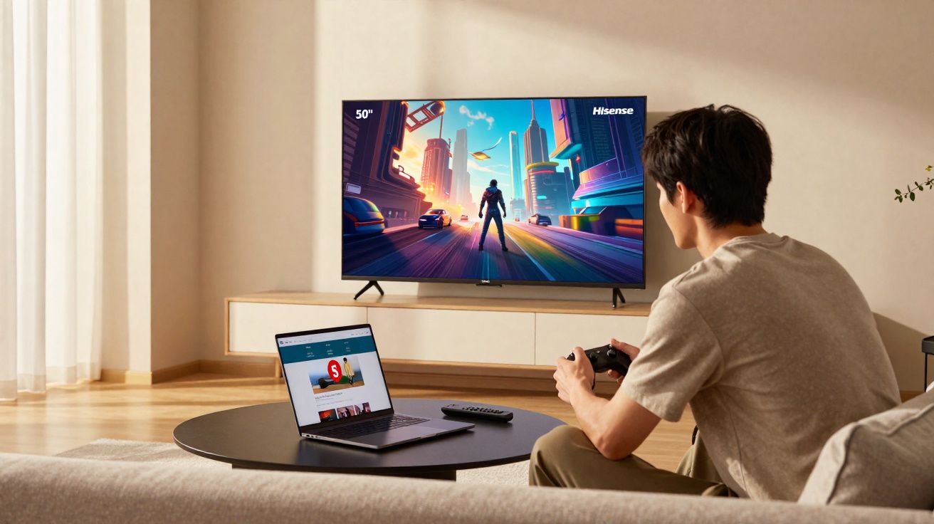 Homem sentado no sofá jogando videogame em TV tela grande com notebook na mesa de centro em sala clara.