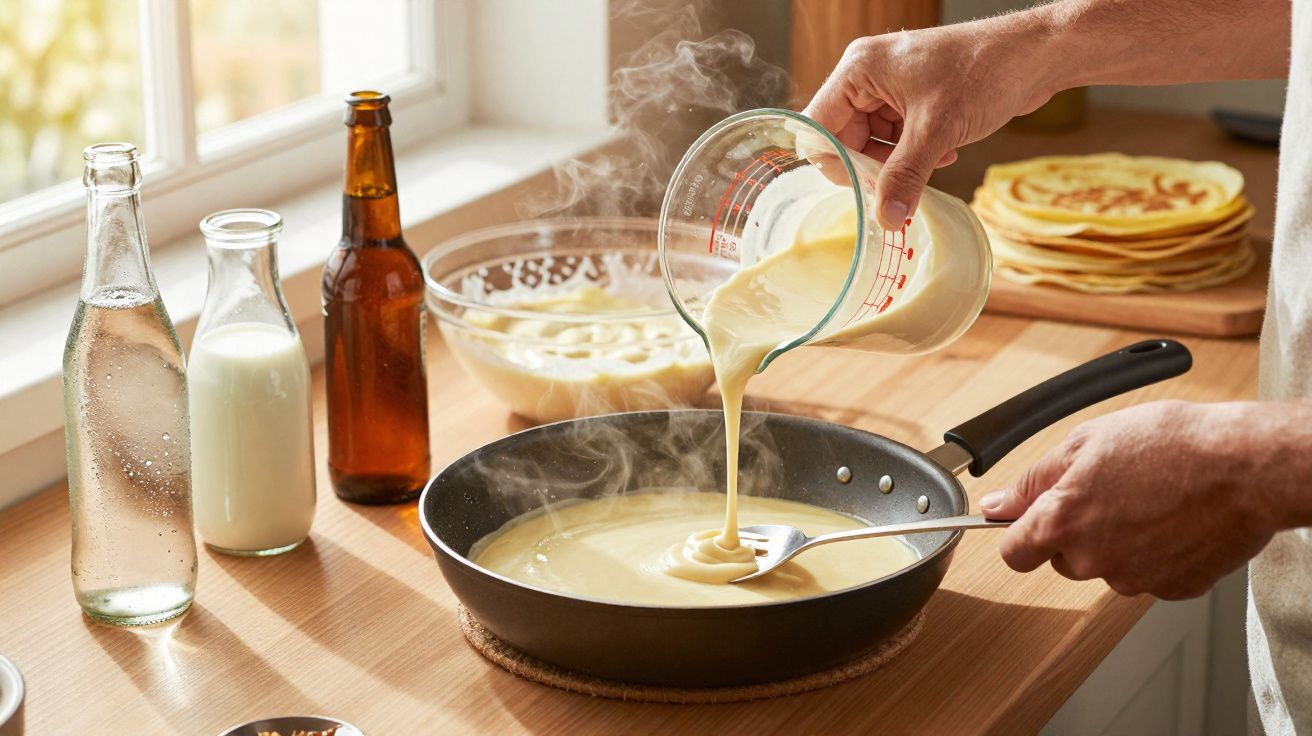 Pessoa despejando massa de panqueca quente na frigideira enquanto cozinha próxima à janela.