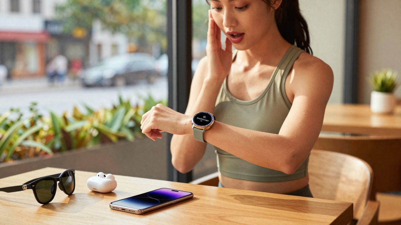 Mulher em roupa de academia olhando para relógio inteligente enquanto está sentada em mesa com celular e óculos.