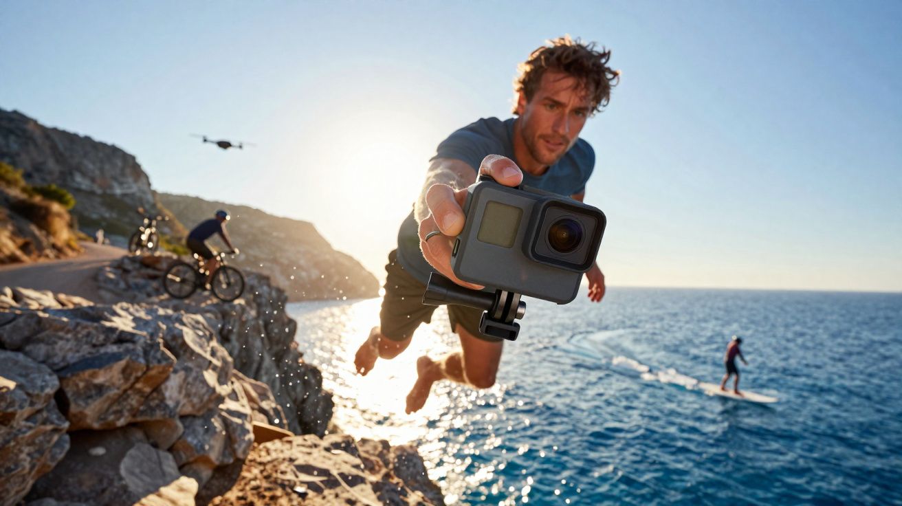 Homem pulando de penhasco para o mar segurando uma câmera de ação com ciclistas e pessoa em prancha ao fundo.