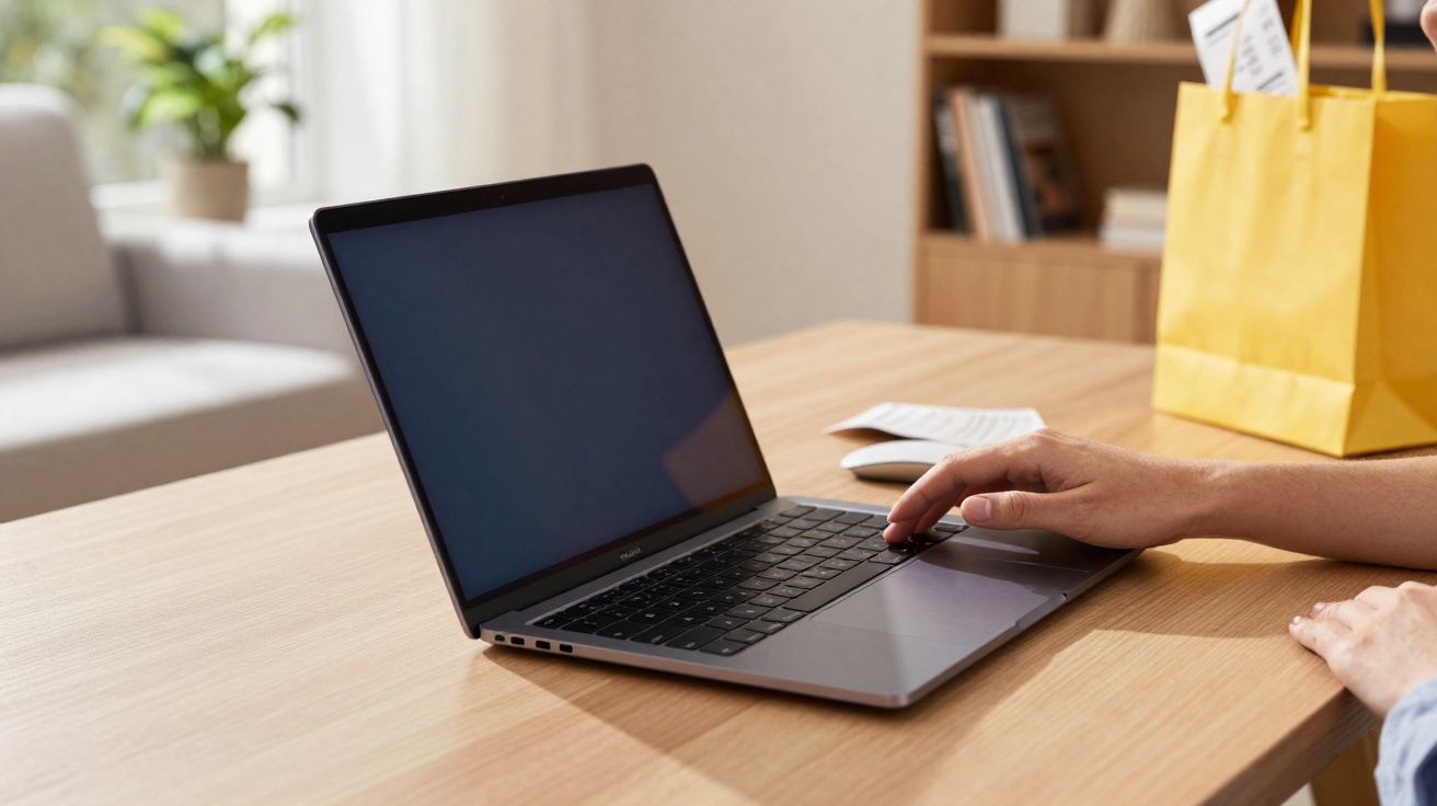 Mão usando notebook cinza sobre mesa de madeira com sacola amarela e documentos ao fundo.